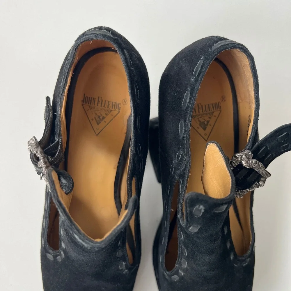 John Fluevog Mega Munster Clique Platform T-strap Heels Gothic Pumps Black Suede